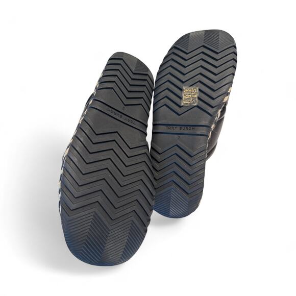 TORY BURCH Crisscross Espadrille Slides Black Tan Black Leather Logo 8 - Picture 9 of 9